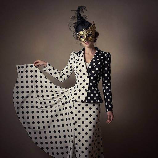Photograph of a woman in a black-and-white polka dot dress, wearing a gold masquerade mask, with dark hair in an elaborate up