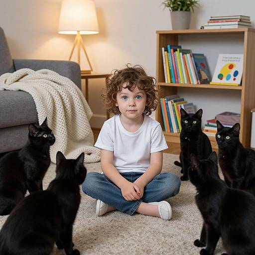 Curious Child with Playful Black Cats