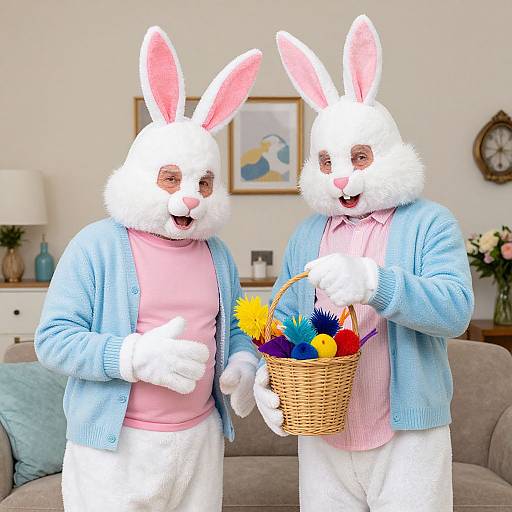 Photograph of two costumed white rabbits in blue cardigans, pink shirts, and white pants, holding an Easter basket with colorful eggs in a cozy