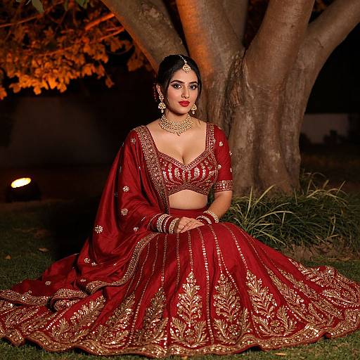 Photograph of an Indian woman in a red and gold traditional bridal lehenga, seated on grass at night, with a large tree behind her.