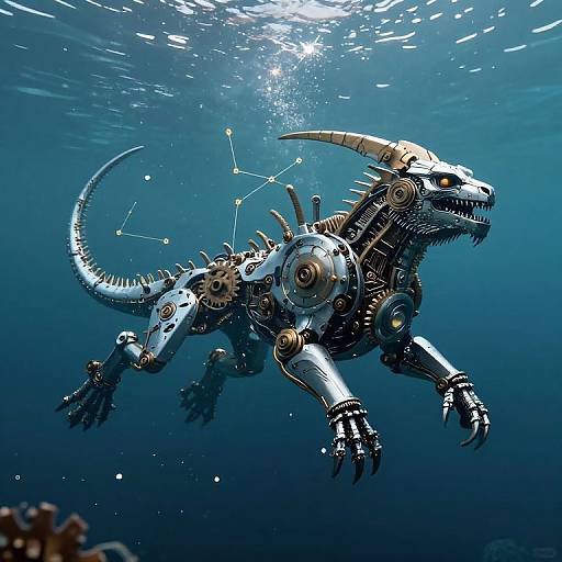 Digital artwork of a metallic, robotic dinosaur with gears, wires, and lights, swimming underwater in a blue, sunlit ocean.