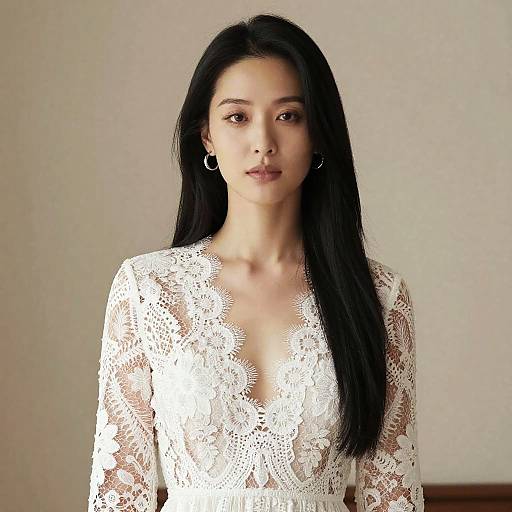 Photograph of an East Asian woman with long black hair, wearing a white lace dress with a deep V-neck, standing against a plain beige background.