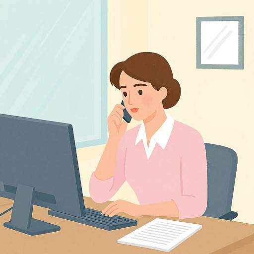 Digital illustration of a woman with brown hair, wearing a pink blouse, seated at a desk, talking on a phone while working on a computer.