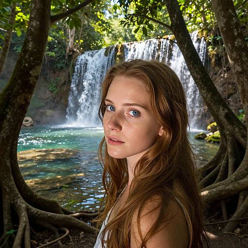 Photograph of a fair-skinned, blue-eyed, long-haired young woman with natural makeup, standing in front of a lush, sunlit waterfall,