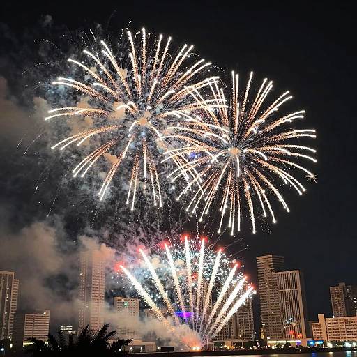 Photograph of vibrant fireworks exploding against a night sky, with tall city buildings and silhouetted palm trees in the foreground.