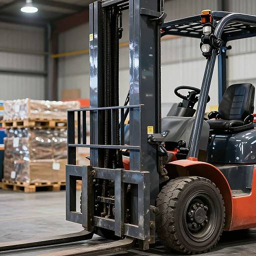 Photograph of an orange forklift with black hydraulic lift, in a warehouse with stacked pallets and industrial lighting.