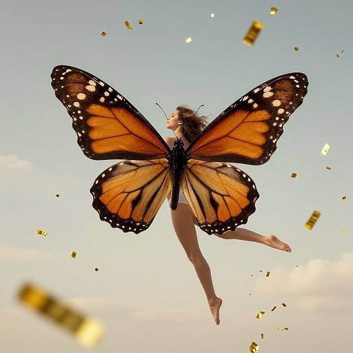 Photograph of a woman with large, vibrant orange and black butterfly wings, floating against a clear sky, with golden confetti scattered around.