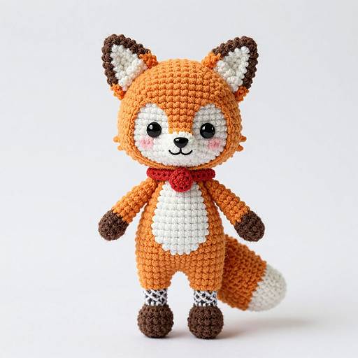Photograph of a cute, orange, crocheted fox toy with white facial markings, black eyes, red bowtie, brown paws and ears