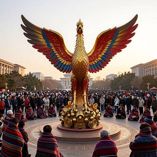 Photograph of a large, golden phoenix statue with vibrant red, blue, and yellow wings, surrounded by a crowd in traditional clothing in a sunlit