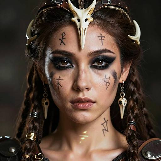 Photograph of a woman with dark braids, black eye makeup, skull headpiece, and face paint with black runes, wearing skull earrings. Dark