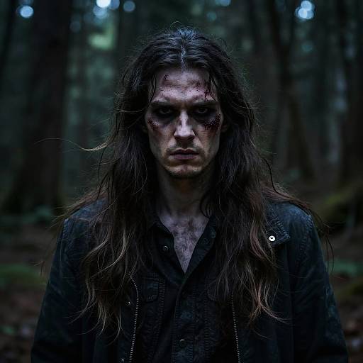 Photograph of a grim, bloodied man with long, disheveled brown hair, wearing a dark jacket, standing in a dark, misty