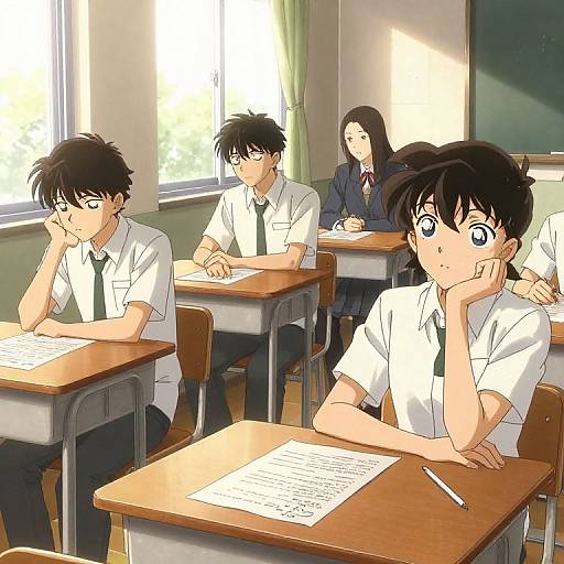 Anime-style drawing of three high school students in a sunlit classroom, wearing white shirts and black ties, seated at desks with papers and pens. A