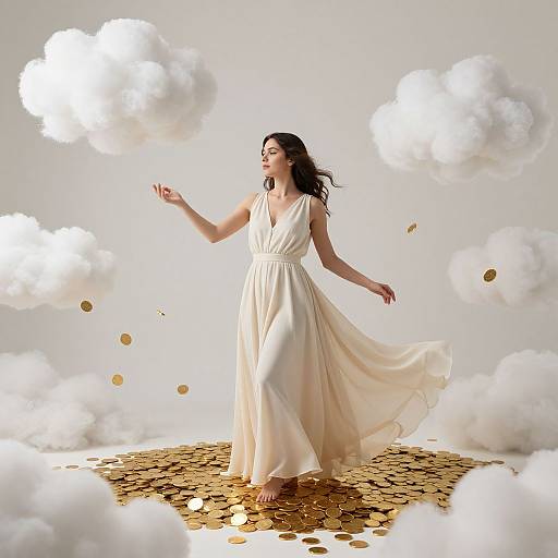 Photograph of a barefoot, dark-haired woman in a flowing white dress, standing on a gold coin-covered ground, surrounded by floating white clouds.