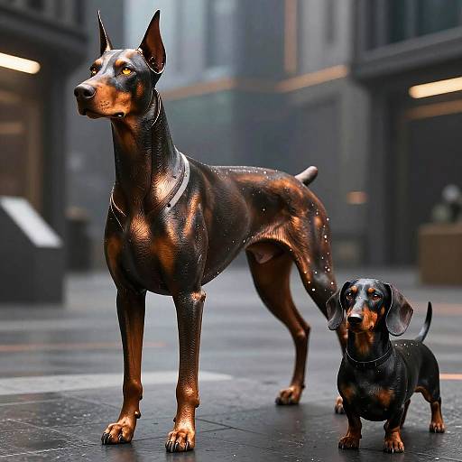 Photorealistic CGI of a sleek, muscular Doberman and a small Dachshund standing on a rainy urban street, both wearing metallic harnesses
