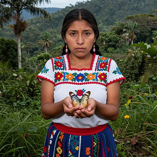 Photograph of a young Indigenous woman with dark hair, wearing a colorful embroidered blouse and skirt, holding a butterfly, standing in a lush, tropical forest