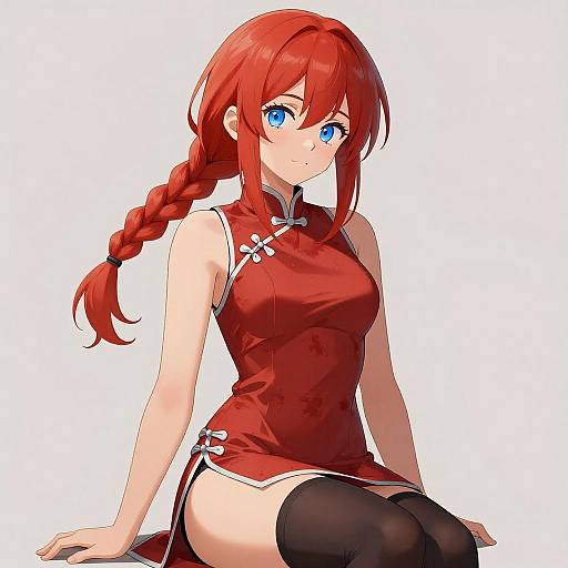 Anime Girl in Cheongsam: Red and Playful