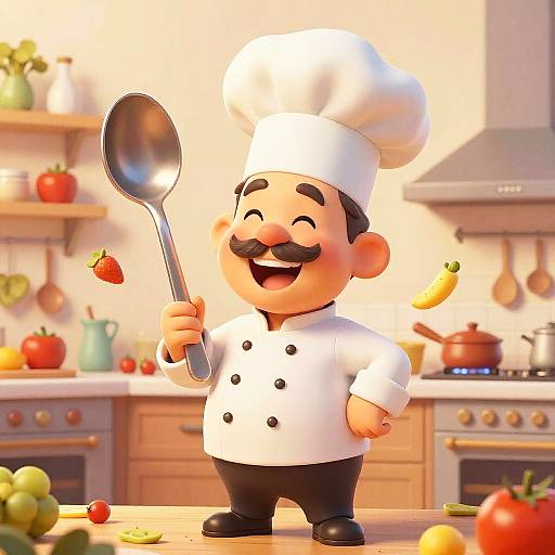 Cartoon-style chef with large mustache, white uniform, and tall hat, smiling while holding a spoon over a kitchen counter with flying tomatoes and peppers
