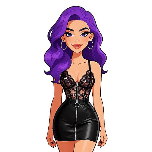 Digital illustration of a confident woman with vibrant purple hair, wearing a black lace bustier and tight leather skirt, accessorized with hoop earrings, standing against