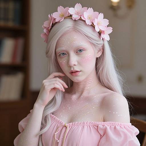 Digital artwork of a fair-skinned, pale blonde woman with pink flower crown, pink off-shoulder dress, sparkling skin, in a softly lit