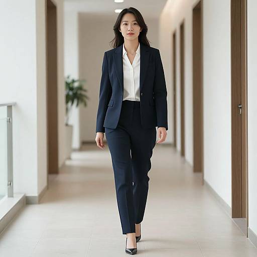 Photograph of an Asian woman with long black hair walking down a bright, modern hallway in a navy blazer, white shirt, and black pants,