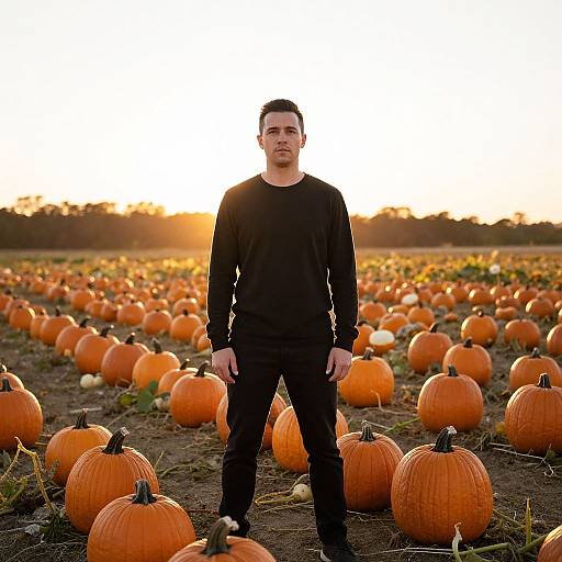 Photograph of a young man in black clothing standing in a sunlit pumpkin field, surrounded by numerous orange pumpkins at sunset.