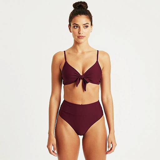 Woman in Dark Maroon High-Waisted Bikini