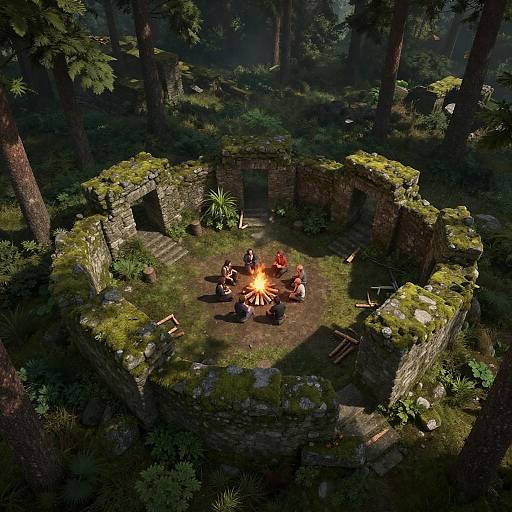 Mysterious Forest Gathering with Ruins