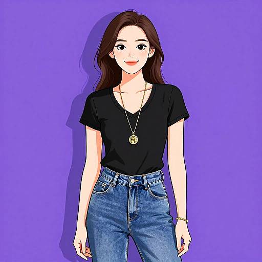 Digital drawing of a smiling Asian woman with long brown hair, wearing a black V-neck shirt, blue jeans, necklace, and bracelet, against a solid