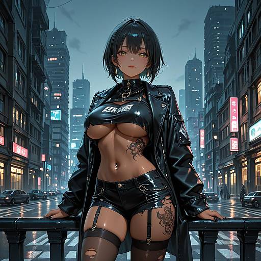 Dark-Skinned Woman in Black Leather Outfit in Cityscape