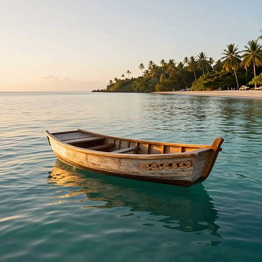Photograph of a wooden rowboat floating in calm, turquoise waters at sunset, with a palm tree-lined beach in the background.