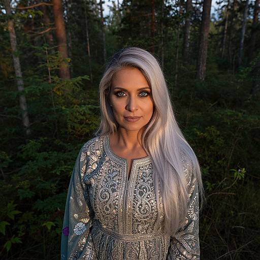 Photograph of a woman with long, silver hair, wearing an intricately embroidered, silver dress, standing in a dark forest. She has striking blue
