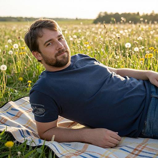 Photograph of a bearded man with short brown hair, wearing a navy blue t-shirt and jeans, reclining on a plaid blanket in a