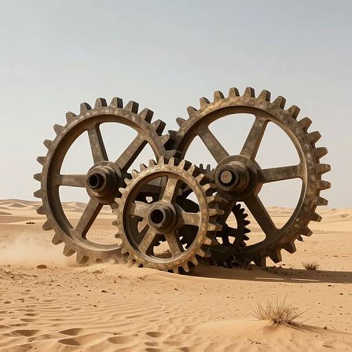 Photograph of two large, rusted, interlocking gears in a barren, sandy desert under a clear blue sky. Sand dunes and sparse grass