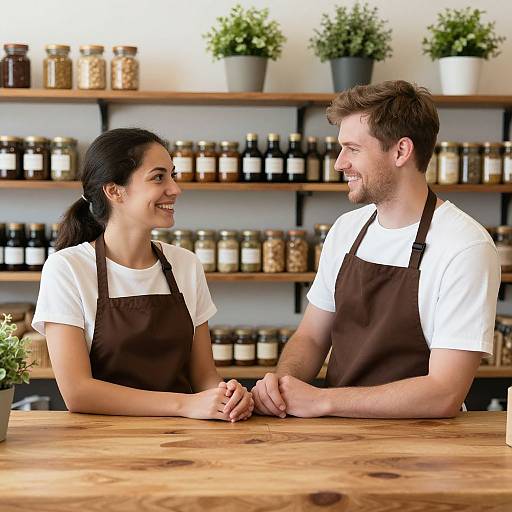Photograph of smiling female and male coffee shop employees, both in white shirts and brown aprons, standing behind wooden counter. Shelves with jars and