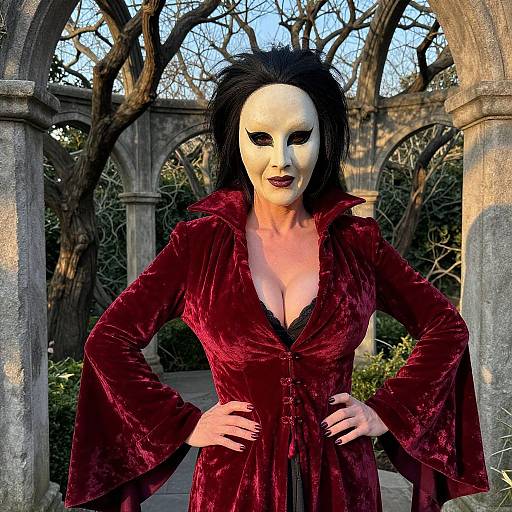Photograph of a pale-skinned woman with black hair, wearing a white mask, red velvet dress with deep neckline, hands on hips, standing in