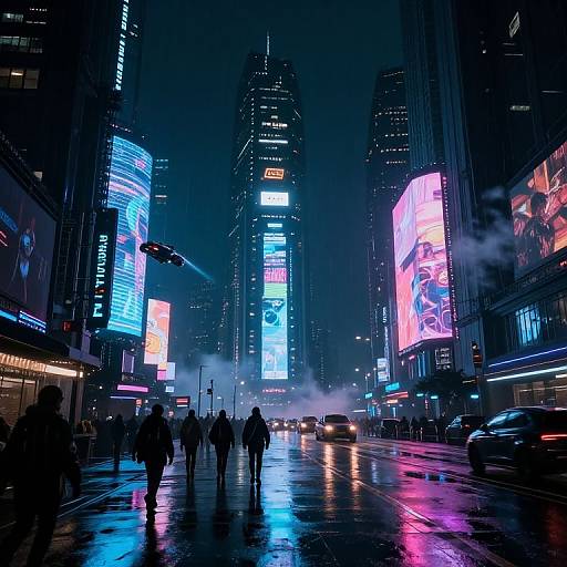 Neon-lit, rainy night scene of a bustling New York City street, with tall skyscrapers, colorful digital billboards, and pedestrians walking