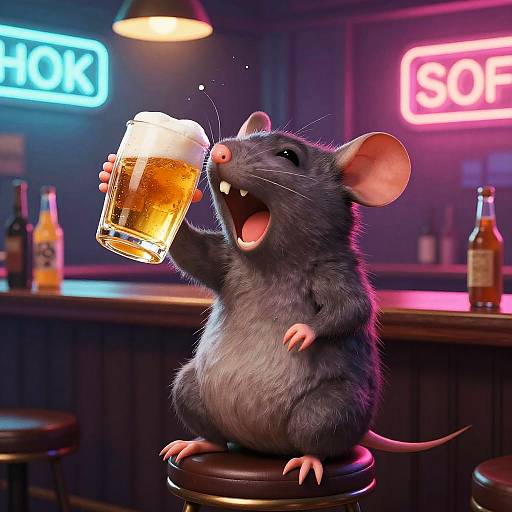 Joyful Cartoon Rat Drinking Beer