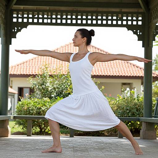 Photograph of a woman in a white sleeveless dress performing a yoga pose with arms outstretched, barefoot, under a shaded pavilion.