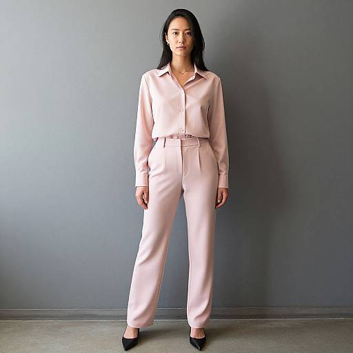 Photograph of an Asian woman with long black hair, wearing a light pink, long-sleeve, button-up jumpsuit with a belted waist