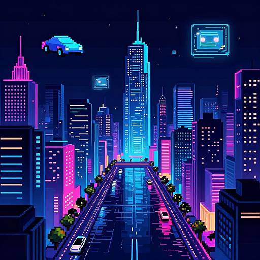 Vibrant digital art of a neon-lit futuristic city at night, featuring glowing skyscrapers, flying car, and illuminated streets. Bright blue