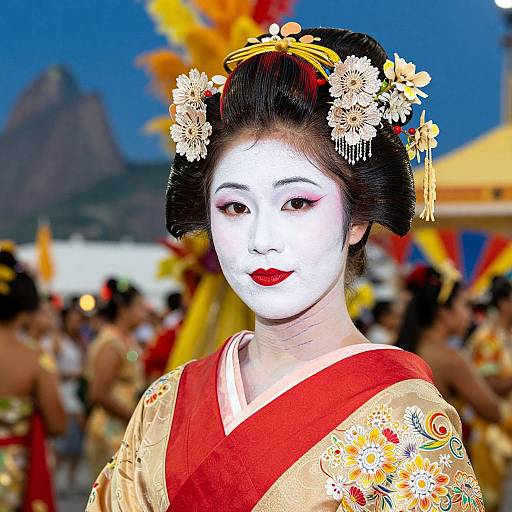 Photograph of a Japanese geisha with white face makeup, red lips, floral hairpiece, and gold-embroidered kimono, set against