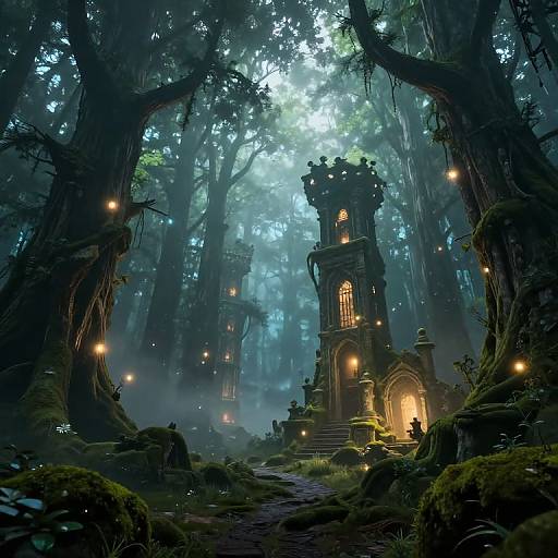 Mysterious, illuminated medieval tower in a dense, misty forest with glowing fireflies, surrounded by towering trees and a moss-covered path. Digital fantasy