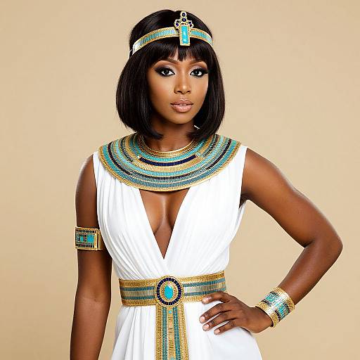 Photograph of a dark-skinned woman with black bob haircut, wearing an Egyptian-inspired white dress with turquoise and gold jewelry, against a beige background.