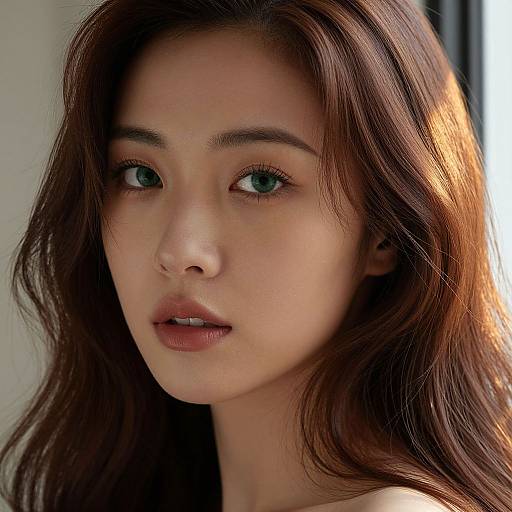 Photograph of a young Asian woman with long, wavy brown hair, green eyes, and fair skin, softly lit by natural light.