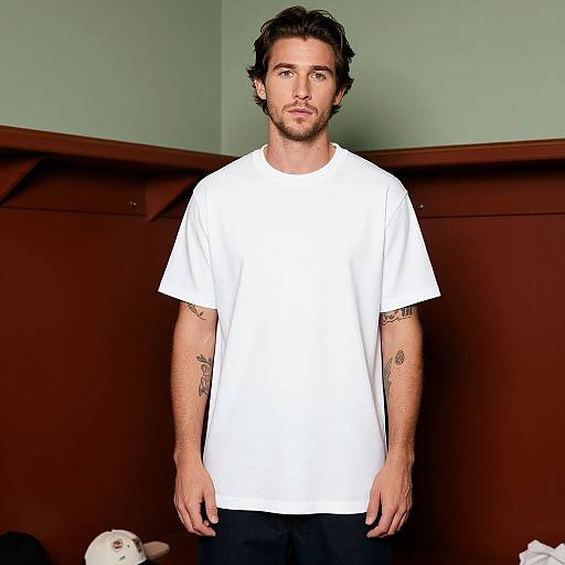 Photograph of a bearded man with dark hair, wearing a plain white t-shirt, standing in a room with green walls and wooden shelves, showing