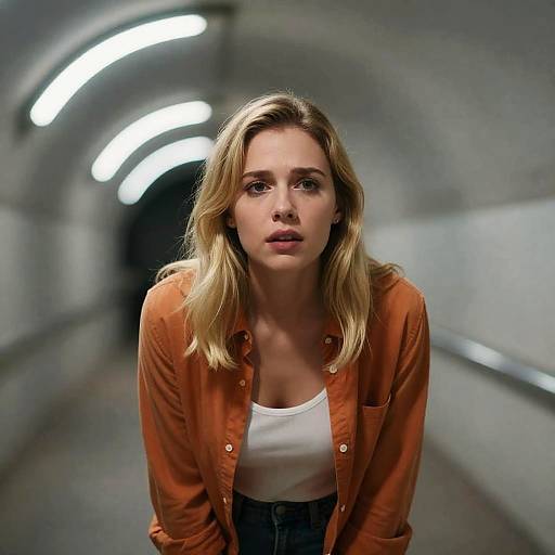 Concerned Woman in a Glowing Tunnel