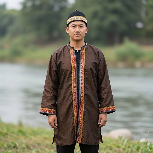 Photograph of a young Asian man standing outdoors by a river, wearing a traditional dark brown tunic with intricate red and gold embroidery, black pants,