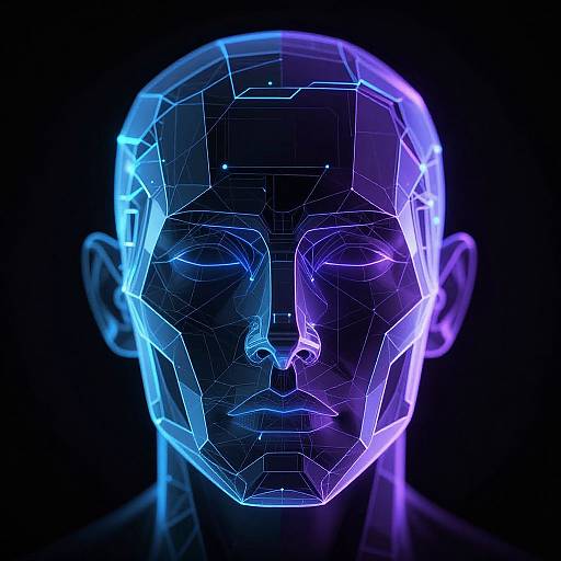 Digital CGI of a glowing blue and purple wireframe human head with geometric lines, set against a black background.