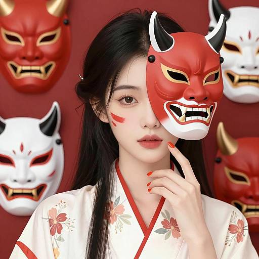 Asian Woman with Red and White Demon Mask