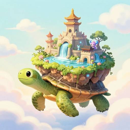 Digital illustration of a green turtle with a fantasy castle and waterfall on its shell, surrounded by lush greenery and a pink butterfly, set against a bright